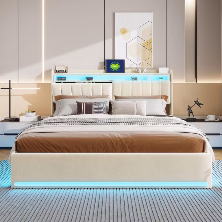 Letto imbottito Fortuna Lai 160x200 cm con illuminazione a LED e connessione USB, letto idraulico con ripiani a giorno e contenitore nascosto, letto matrimoniale con rete a doghe, letto imbottito in velluto per 2 persone