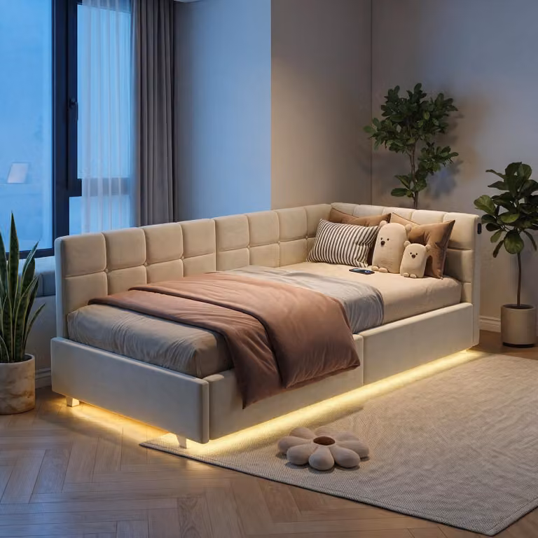 Letto con boxspring INONEFT, 90x200 cm, con LED e USB, struttura imbottita con rete a molle e spazio contenitore, letto contenitore, color beige, in velluto, senza materasso