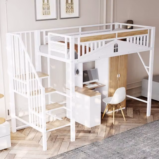 Letto a castello in metallo e legno bianco con recinzione di sicurezza e finestra 90x200 cm