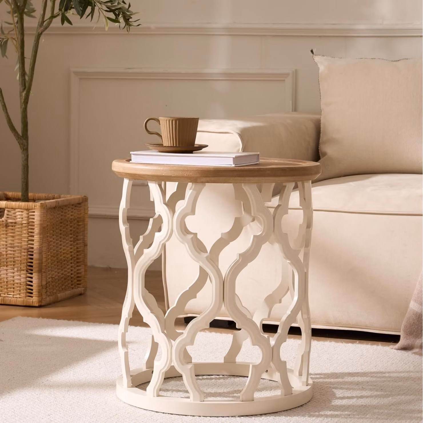 Tavolino laterale rotondo in legno, diametro 45 cm, altezza 52 cm, stile rustico vintage, colore bianco