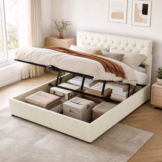 Letto 160 × 200 cm con testiera alta rivestita in velluto olandese beige e rete a doghe materasso escluso