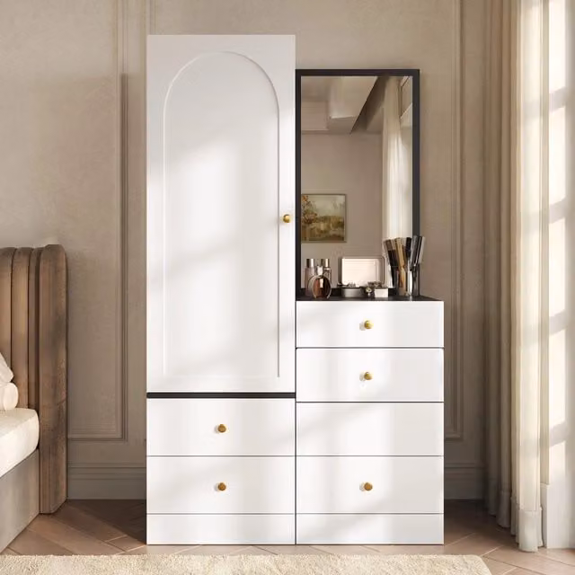 Armadio multiuso con specchio e cassetti ¨C Minimal ¨C Bianco, MDF, 90x51x180