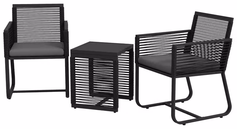 Set di mobili da giardino in rattan da 3 pezzi, elegante dinette con 2 sedie da giardino e tavolino in vetro temperato con cuscini per balcone, nero