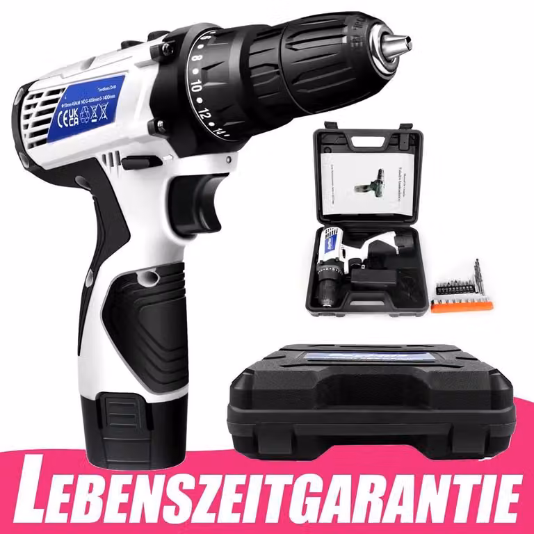 Trapano avvitatore elettrico - Avvitatore a batteria da 12V - Coppia di serraggio di 45 Nm - Set di accessori da 23 pezzi - Luce LED - 2 velocità - Include batteria e custodia