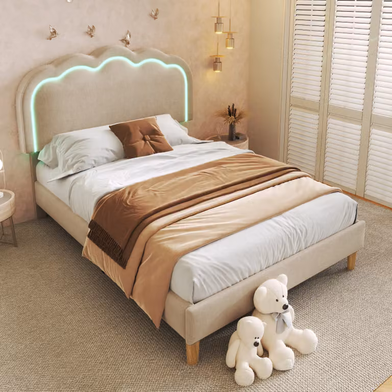 Letto imbottito Flieks 90x190cm con LED e rete a doghe, letto per ragazzi letto per bambini con testiera regolabile, letto singolo letto in legno letto classico, lino beige