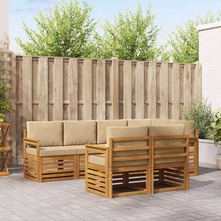vidaXL Set di divani da esterno a forma di U composto da 7 pezzi in legno di acacia e tessuto beige e bianco