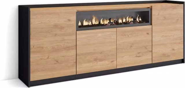Credenza, Mobile, Cucina, 207x80x37 cm, 4 Porte, Camino elettrico, Rovere e nero