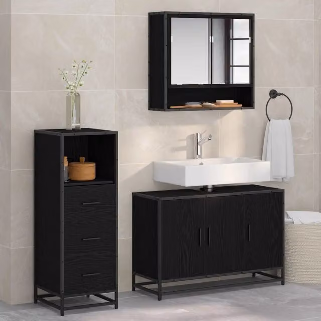Set di mobili per il bagno 3 pz Rovere Nero 3402410