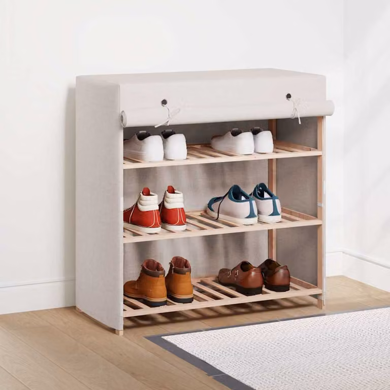 Scarpiera con seduta integrata vidaXL in legno e tessuto, colore bianco e beige, L: 79 cm, P: 40 cm, H: 80 cm