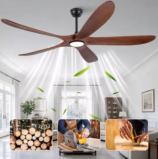 Ventilatore da soffitto con luce LED da 60 pollici; 5 pale in legno massello; noce e nero