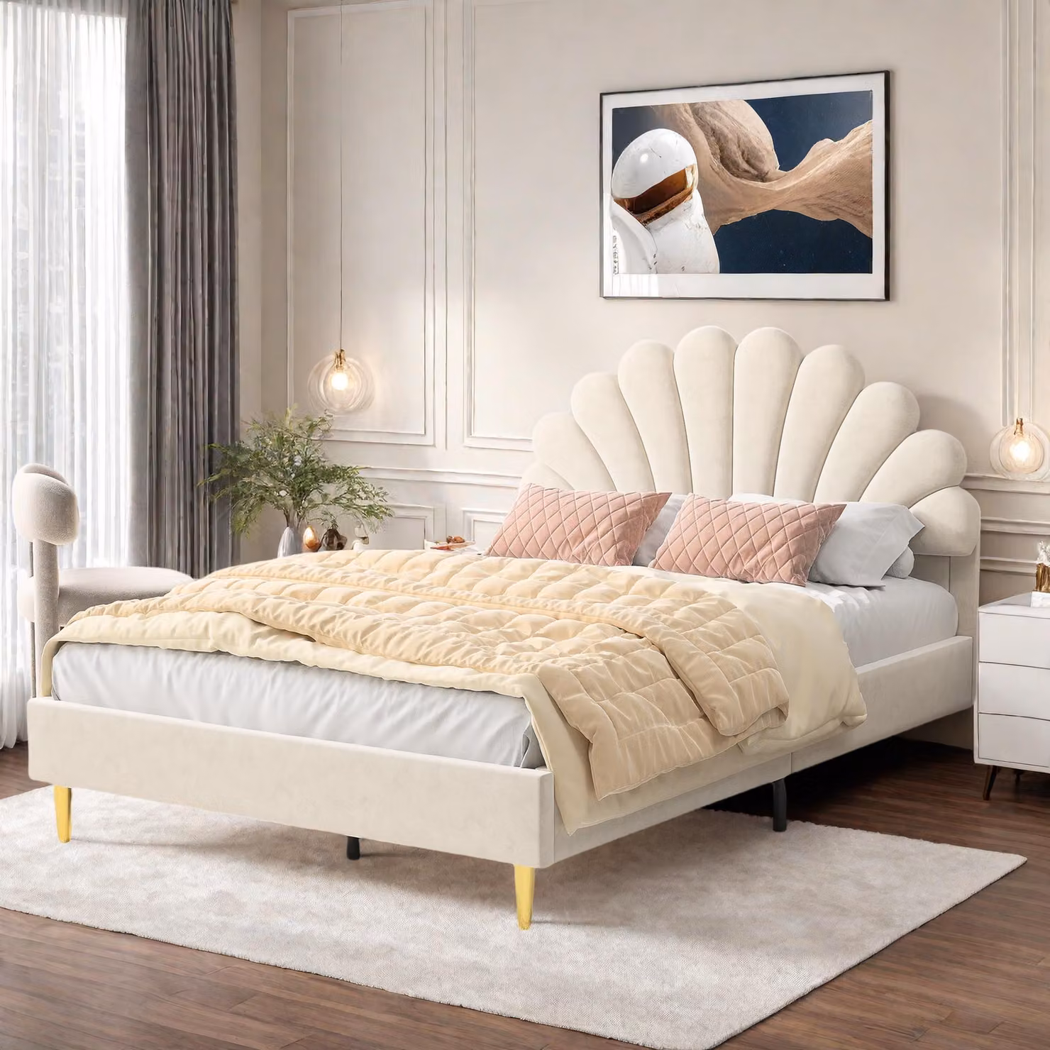 Letto imbottito Fortuna Lai 140x200 cm per bambina, con testata a fiori e rete a doghe, legno massiccio, velluto, beige