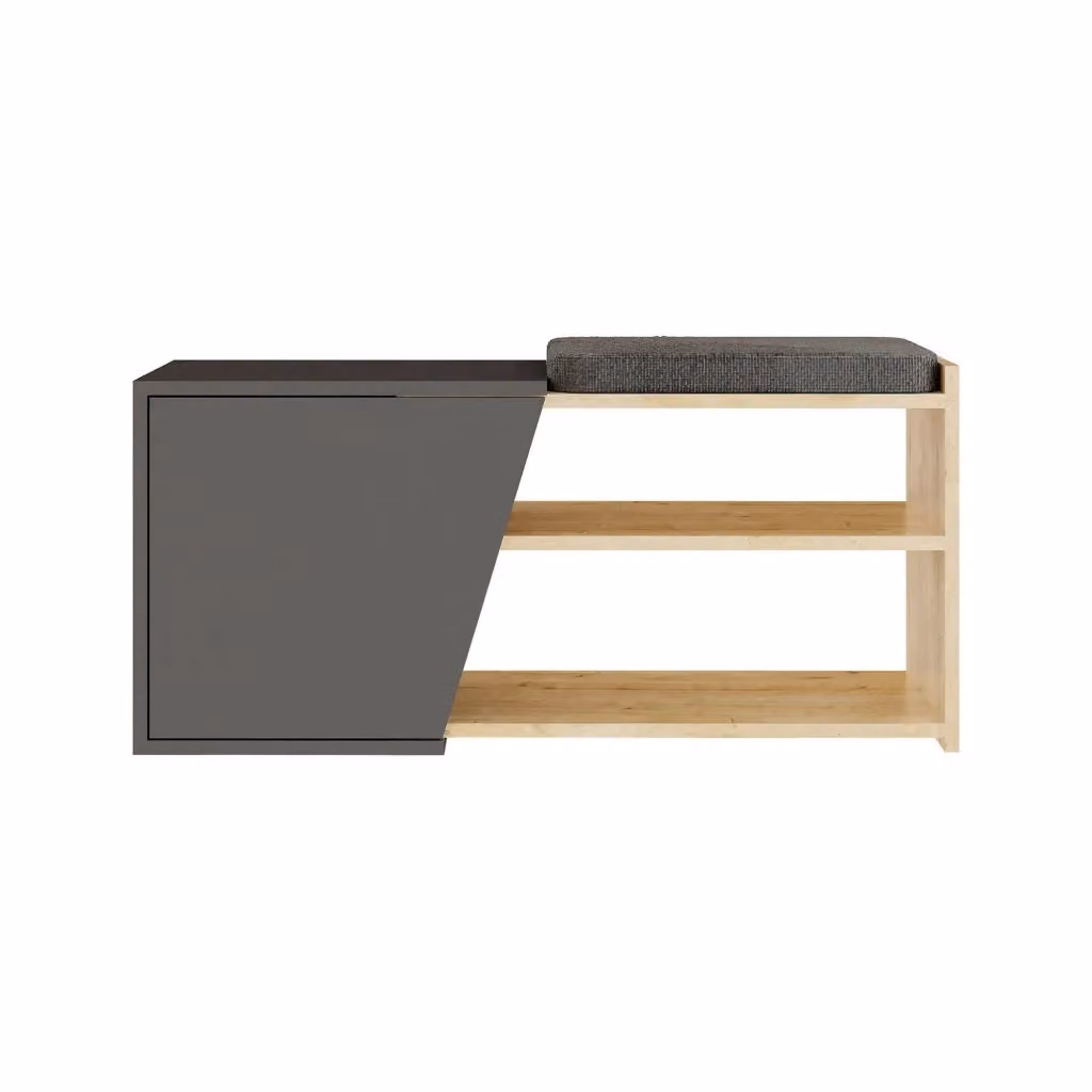 Scarpiera da parete DMORA con seduta integrata e ripiani interni, finitura rovere opaca, L: 104 cm, P: 47 cm, H: 37 cm – 2