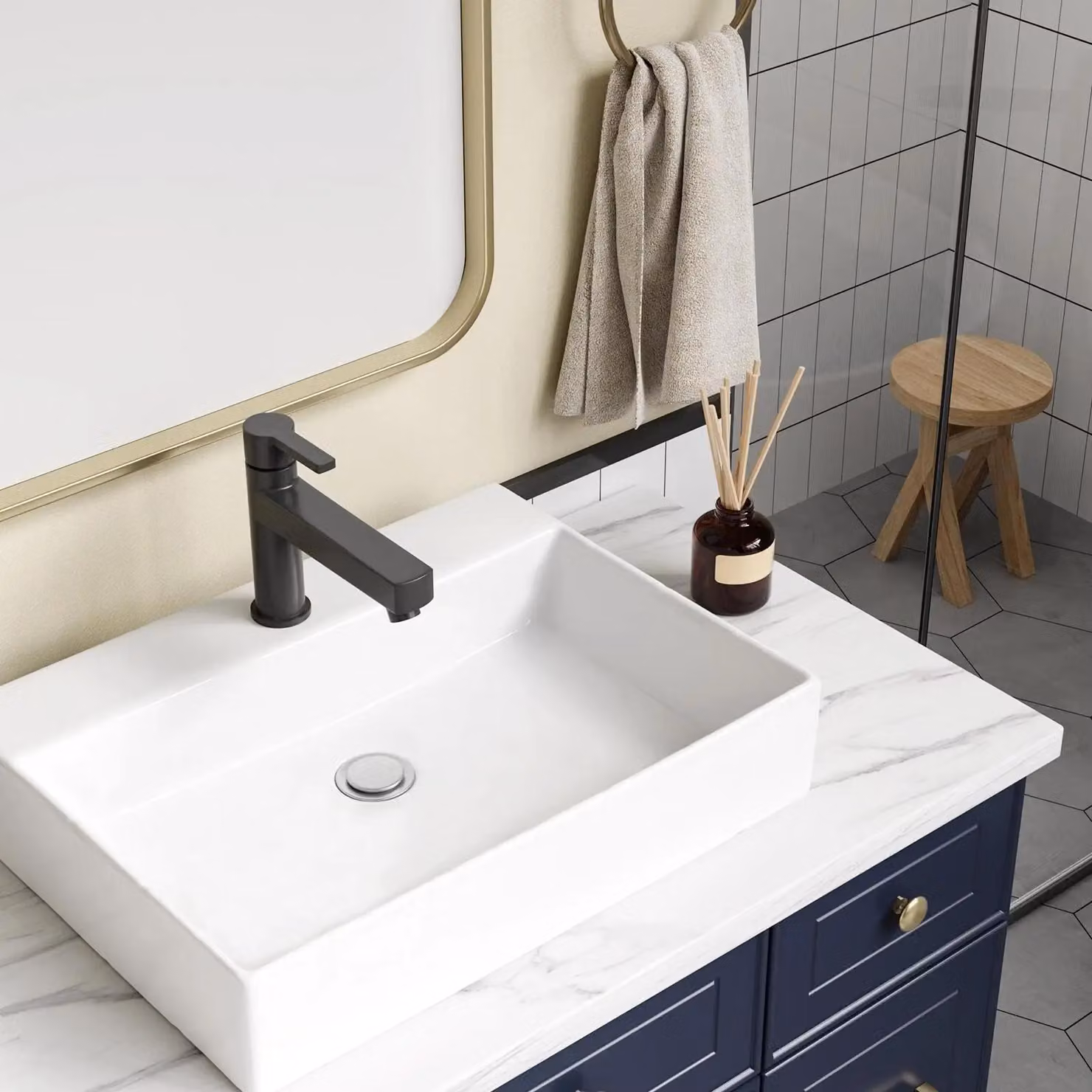 Lavabo in Vetroceramica bianca – Lavabo da appoggio – Rettangolare – Con troppofilo – Un foro per il rubinetto – 510 × 450 × 130 mm