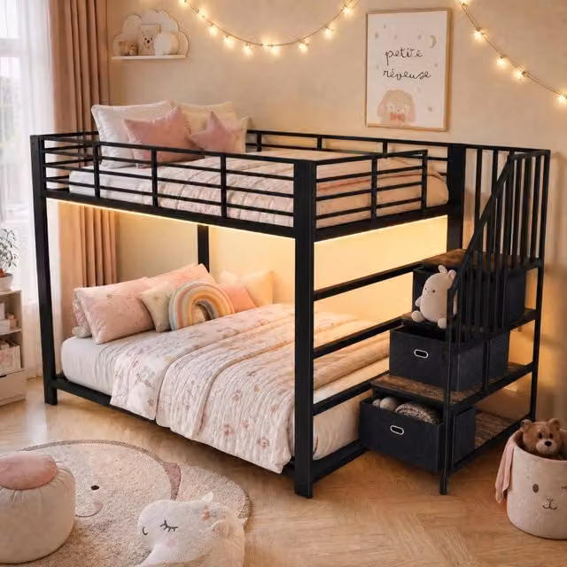 Letto a castello 140x200 cm con scala contenitore e LED in MDF e metallo nero