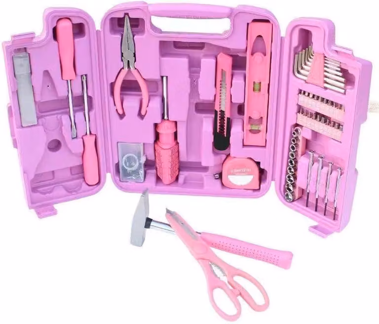 Set di attrezzi da 96 pezzi, valigetta degli attrezzi rosa, include cacciaviti, pinze, martello, ideale per il fai-da-te