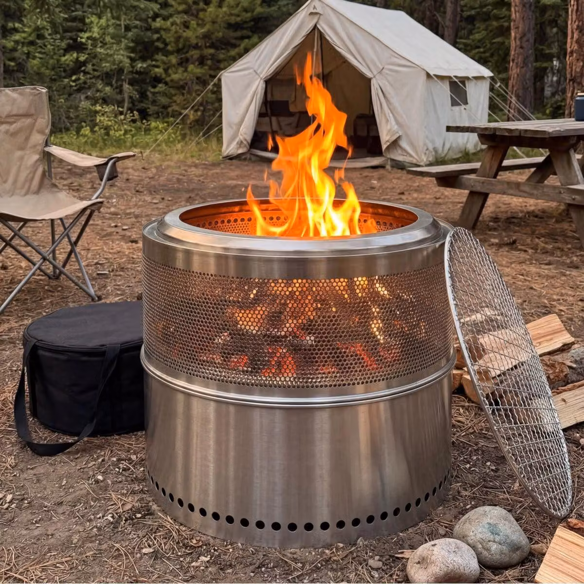 Braciere senza fumo in acciaio inossidabile, braciere portatile a legna e braciere-grill per esterni, camino da esterno di design, Smokeless Fire Pit