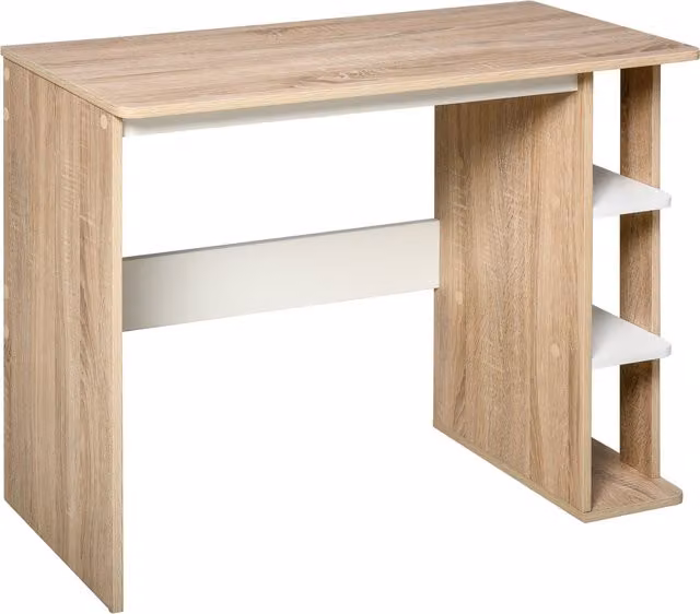Scrivania Moderna HOMCOM in Legno con Scaffale a 3 Ripiani, Bianco e Quercia, L 100 x P 44 x H 74 cm