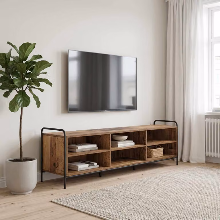 Mobile TV vidaXL in legno e metallo marrone con scomparti multimediali L: 140 cm, P: 39,5 cm, H: 50 cm
