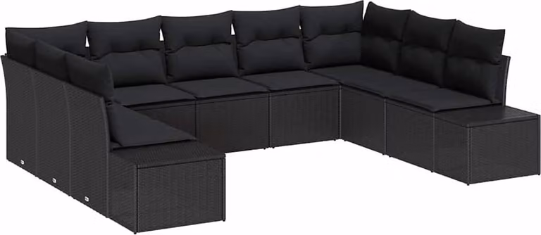 Set Divano da Giardino con cuscino 9 pcs Nero polyrattan