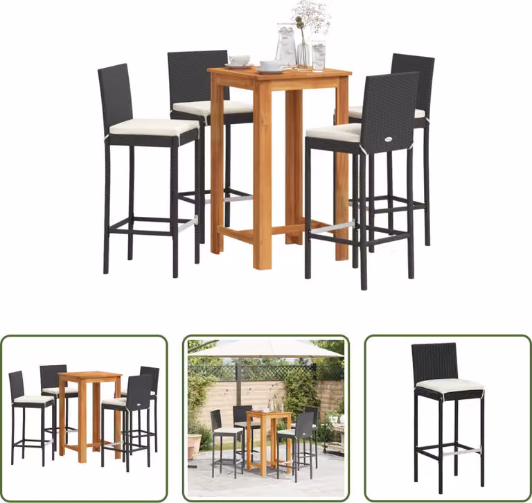 The Living Store Set bar da giardino 5 pezzi in legno massiccio nero di acacia e poly rattan