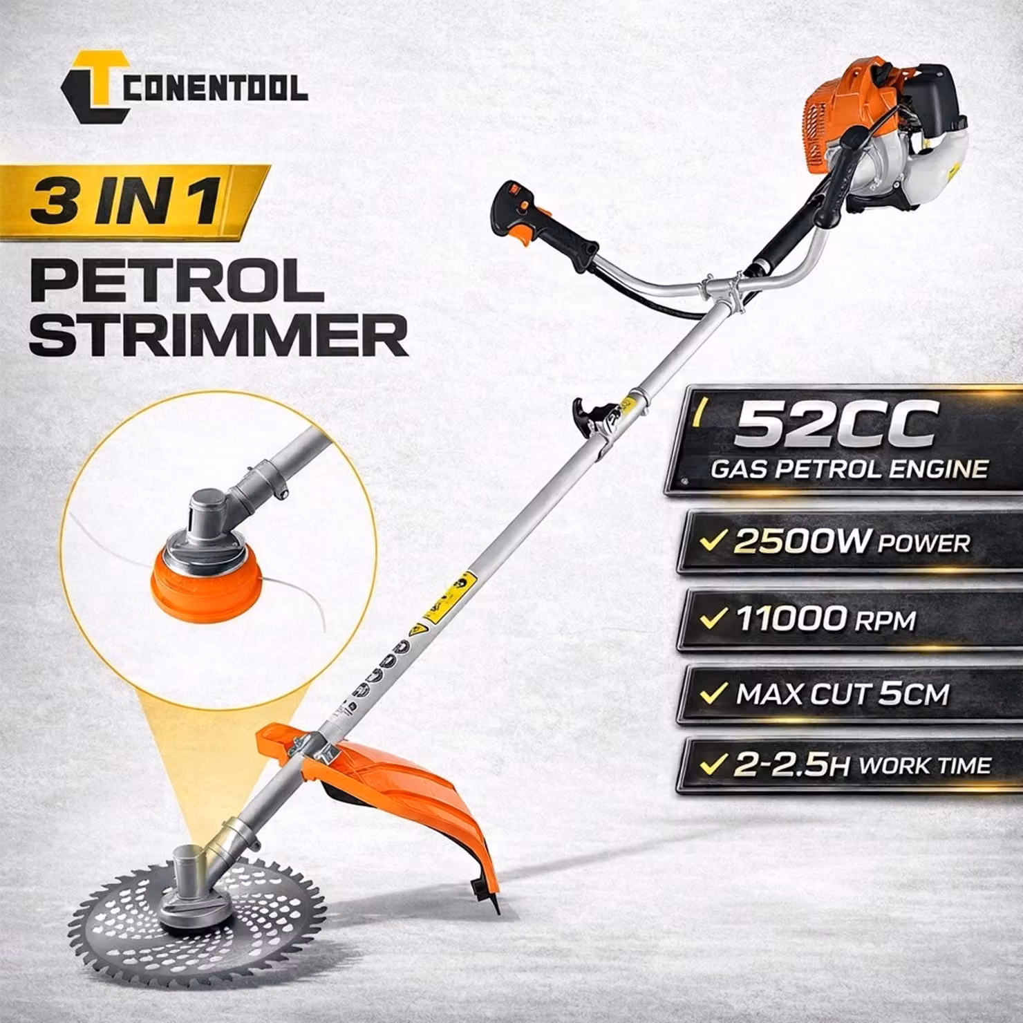 Tagliaerba a benzina multifunzione 3 in 1, 2500W, 52cc - Larghezza di taglio 254mm, ideale per giardino e agricoltura