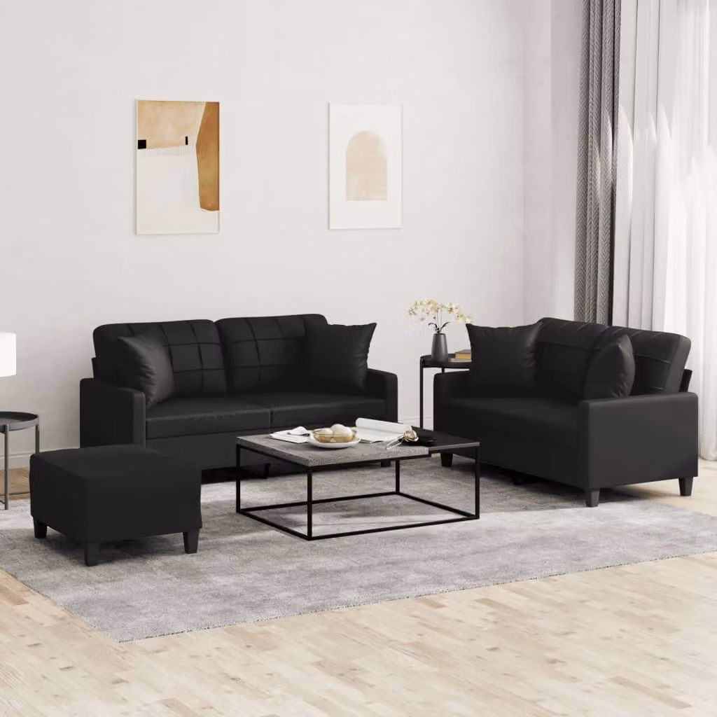 Set di divani 3 pezzi vidaXL in similpelle nera con cuscini e pouf per soggiorno – 1