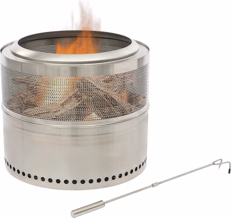 Fornello da campeggio/braciere da esterno - Modello rotondo - 50×40 cm - Acciaio inox 201 - Portatile, alimentato a legna (legna non inclusa) - Attenitore 63 cm - Argento