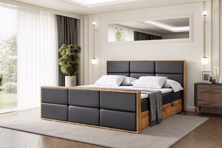 Letto boxspring ALTDECOR con materasso e rete a doghe, topper, pediera, letto imbottito con contenitore, letto con spazio contenitivo, materasso H3, letto matrimoniale, letto a cassettoni - LOLLI1-Z - 200x200 - Pelle finta nera
