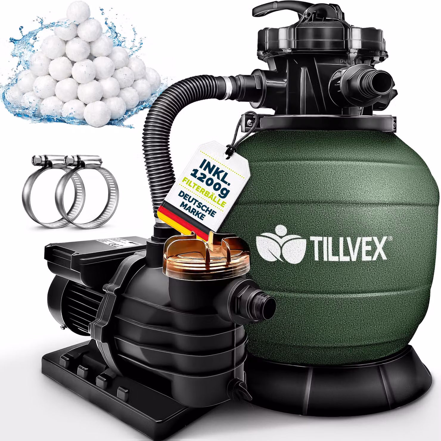 tillvex® sistema di filtraggio a sabbia piscina verde 13.200L/h fino a 40.000L + sfere filtranti da 1200g | sistema di filtraggio valvola a 7 vie & adattatore 2in1 Ø32-38mm | filtro piscina autoadescante | filtro a sabbia piscina