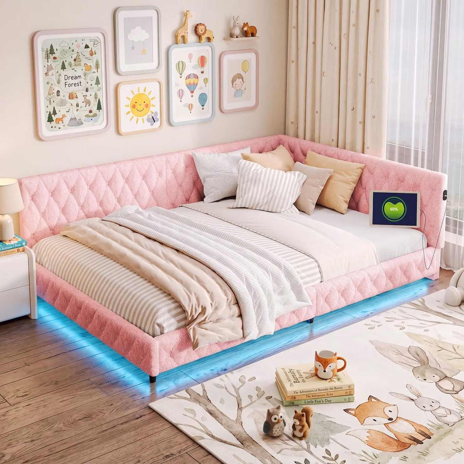 Letto imbottito INONEFT, 140 x 200 cm, letto matrimoniale con testiera a forma di L e rete a doghe, letto matrimoniale con USB e LED, adatto anche come letto per bambini, rivestito in tessuto tipo peluche, colore rosa