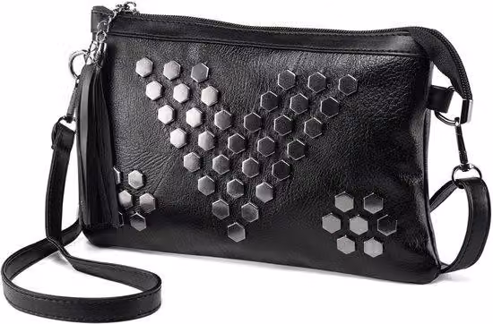 Piccola borsa a tracolla da donna con nappine e borchie, pochette da sera in morbida pelle nera