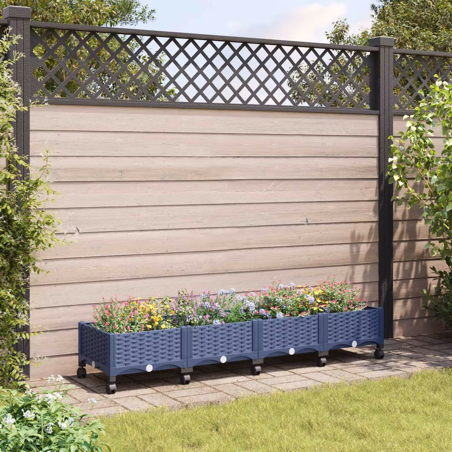 Vaso da giardino con ruote vidaXL in plastica, Blu e Grigio, L: 160 cm, P: 40 cm, H: 29 cm
