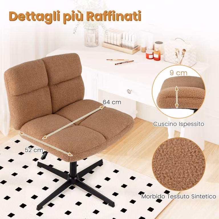 Sedia da ufficio Costway moderna in tessuto bouclé marrone con rotazione a 360 gradi e seduta imbottita per studio o home office