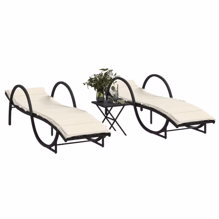 Set di 2 lettini prendisole con tavolino vidaXL in polyrattan nero con poggiatesta regolabile e vassoio laterale