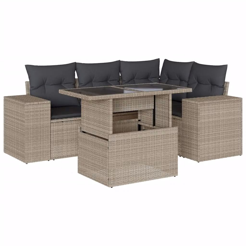 Set Divano da Giardino 5pz con Cuscini Grigio Chiaro Polyrattan