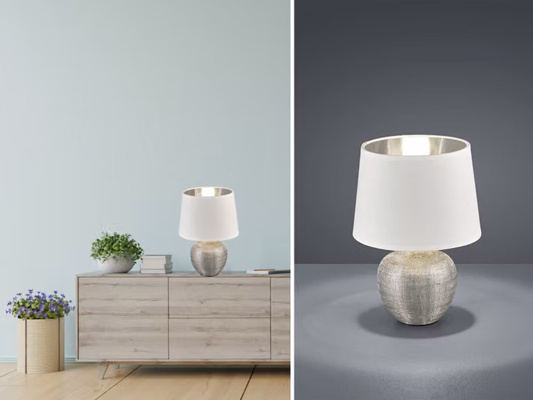Lampada da tavolo in Vetroceramica LED alta 26 cm con paralume in tessuto Ø 18 cm in bianco/argento