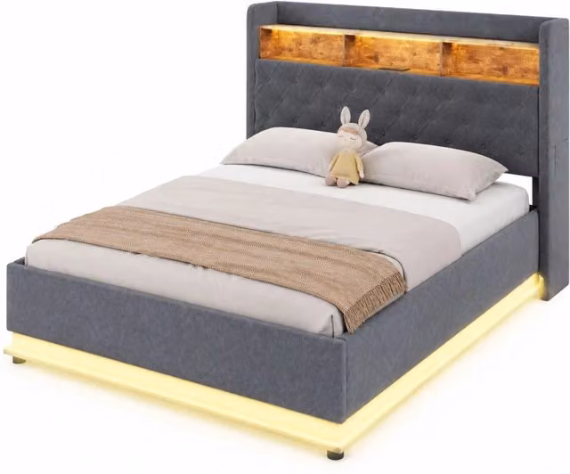 Letto matrimoniale 160x200 cm con contenitore idraulico; LED e USB; grigio