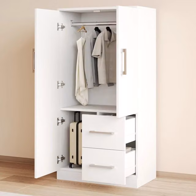 Armadio Bambini 70x40x135 cm, Bianco, Design a Doppia Porta con Cassetti e Scomparti
