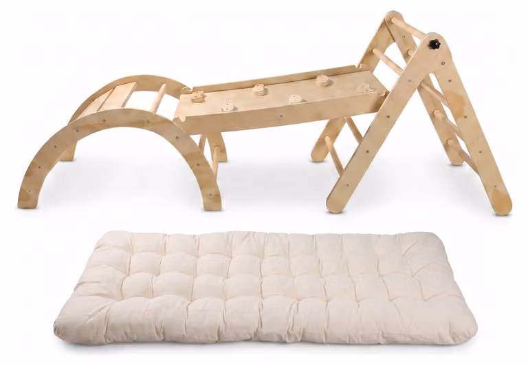 Set da arrampicata Buxibo Mini – Triangolo e arco da arrampicata con cuscini e rampa da arrampicata con scivolo – Attrezzatura per giochi e ginnastica Montessori – 176x47x59 cm – Colori naturali