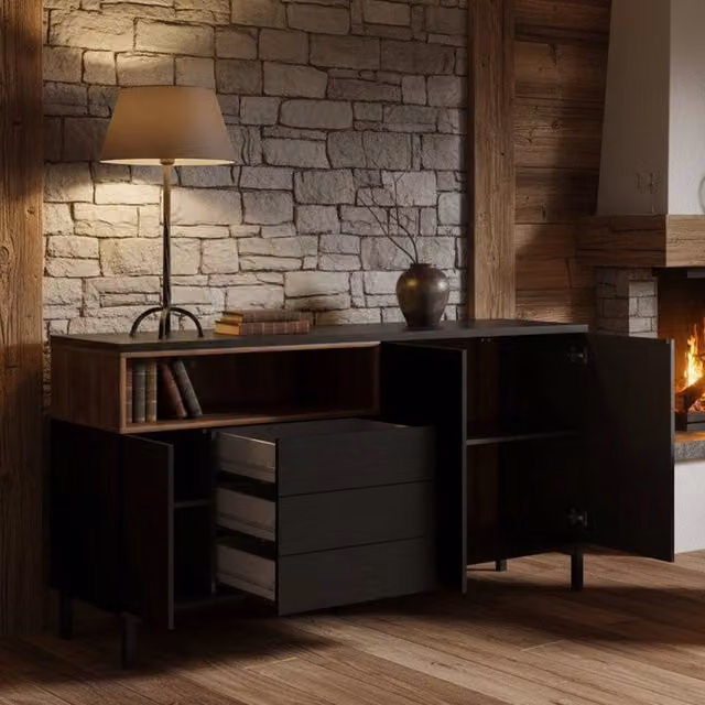 Credenza Julie DMORA, Buffet e Madia moderna per soggiorno o cucina, Nero e Noce, L: 176 cm, P: 48 cm, H: 90 cm – 1