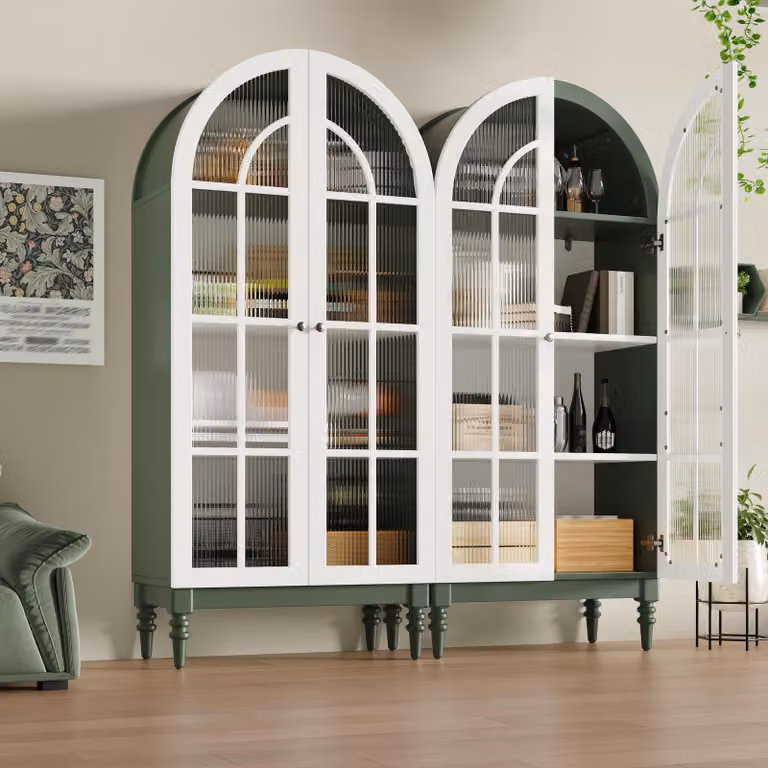 Flieks 2: Armadio alto con ante in vetro, 2 pensili da cucina con finitura effetto legno, 2 credenze da 76x38,5x165 cm, colore verde scuro