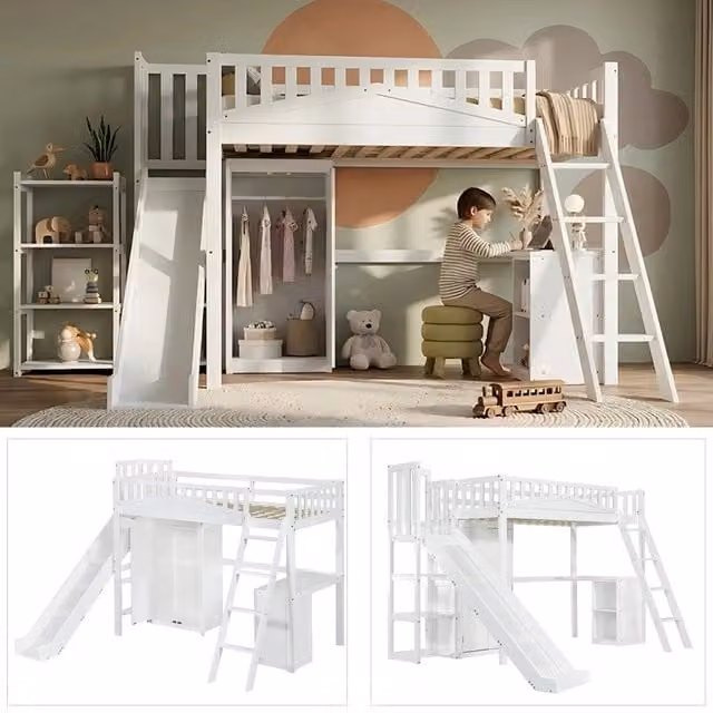 Letto a soppalco per bambini 90x200 cm con scrivania; armadio; scivolo e sponde; in pino; MDF e compensato; bianco
