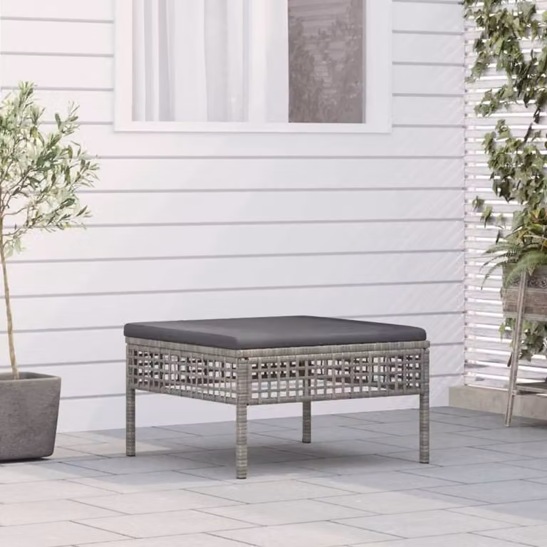 The Living Store Sgabello da giardino con cuscino in Poly Rattan grigio