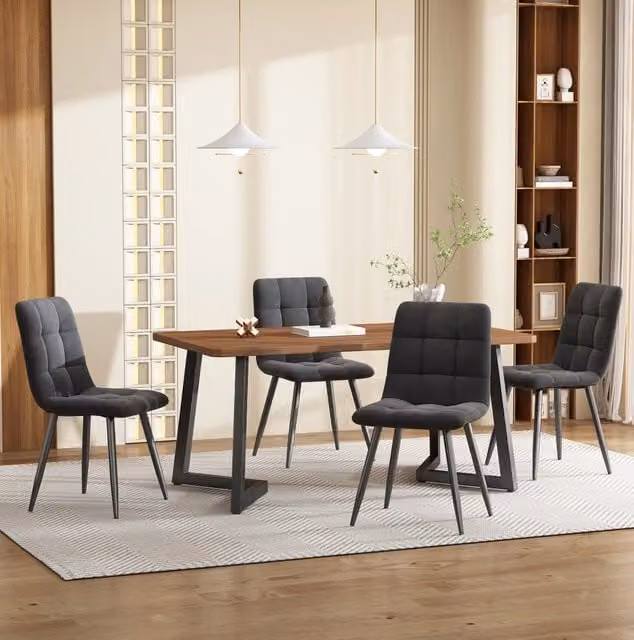 Set tavolo da pranzo con 4 sedie in velluto, noce