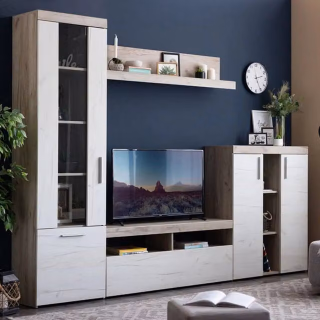 Mobile Soggiorno Oggiono, Parete Attrezzata Modulabile, 262x35x195h cm Bianco Larice