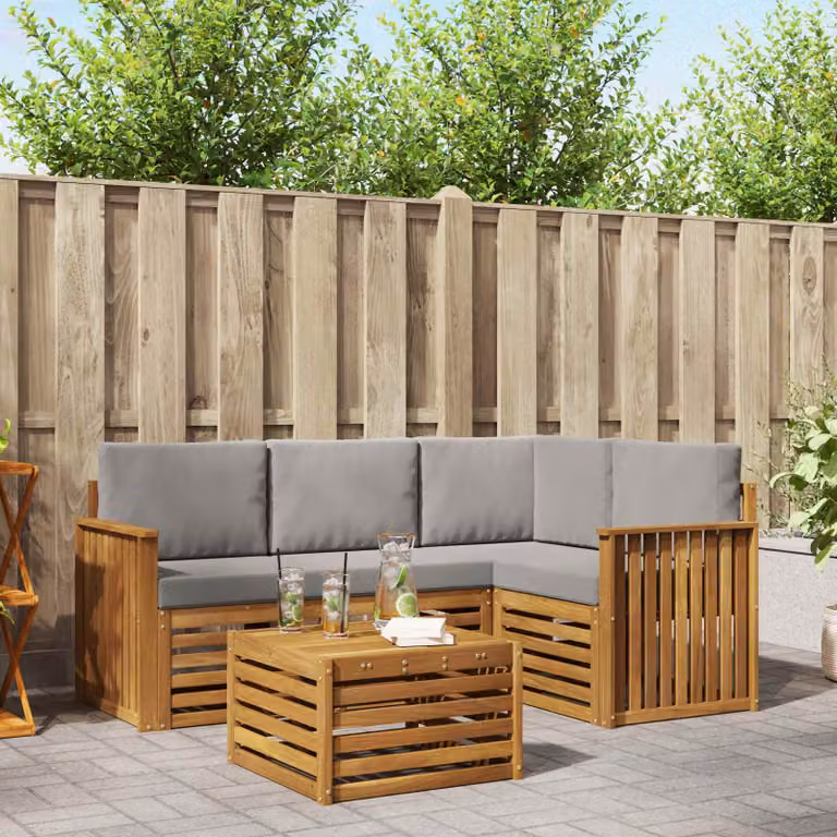 vidaXL Set di divani da esterno a L composto da 5 pezzi in legno di acacia con cuscini, colore Grigio, Bianco e Marrone