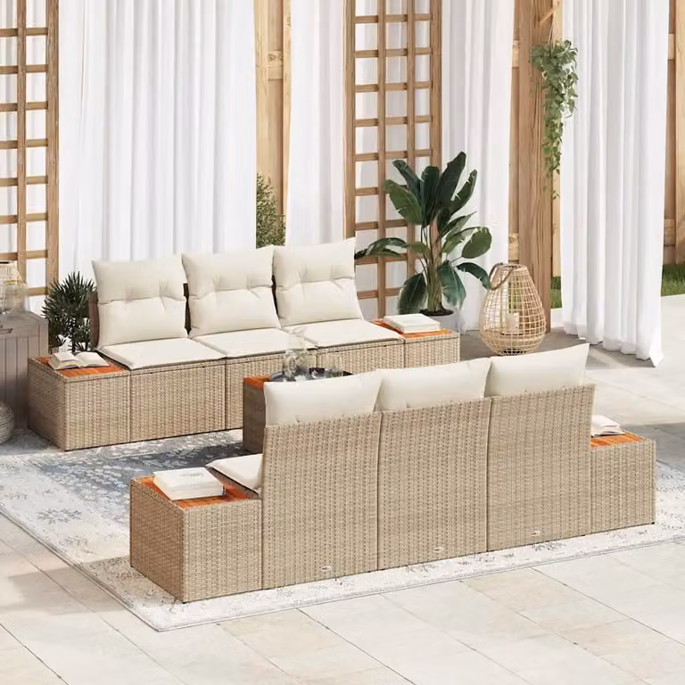 Set Divano da Giardino vidaXL a forma a U composto da 7 pezzi in Rattan Beige con Cuscini e Tavolino da Esterno