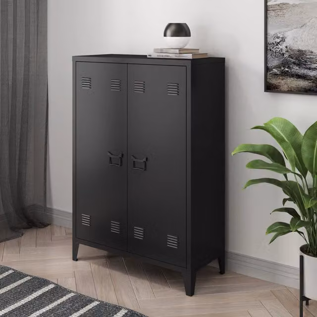 Armadietto da ufficio Oripää en.casa in acciaio nero con ante a battente e ripiani regolabili L: 110 cm, H: 75 cm, P: 33 cm