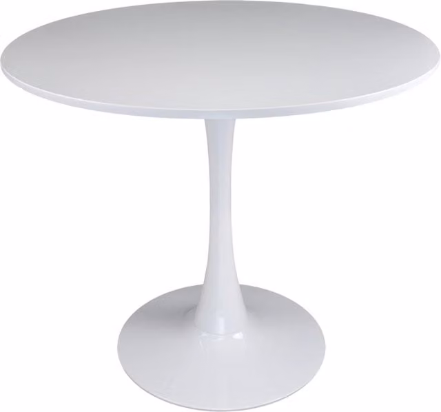 Tavolo da pranzo rotondo Samira bianco moderno con base centrale in metallo e piano in MDF laccato opaco, Diametro: 100 cm, Altezza: 74 cm