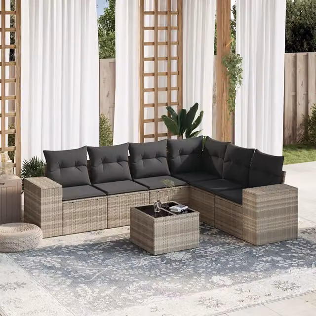 Set da giardino moderno vidaXL composto da 7 pezzi con divano a L, poltrone, tavolino da caffè e cuscini grigi in rattan e metallo